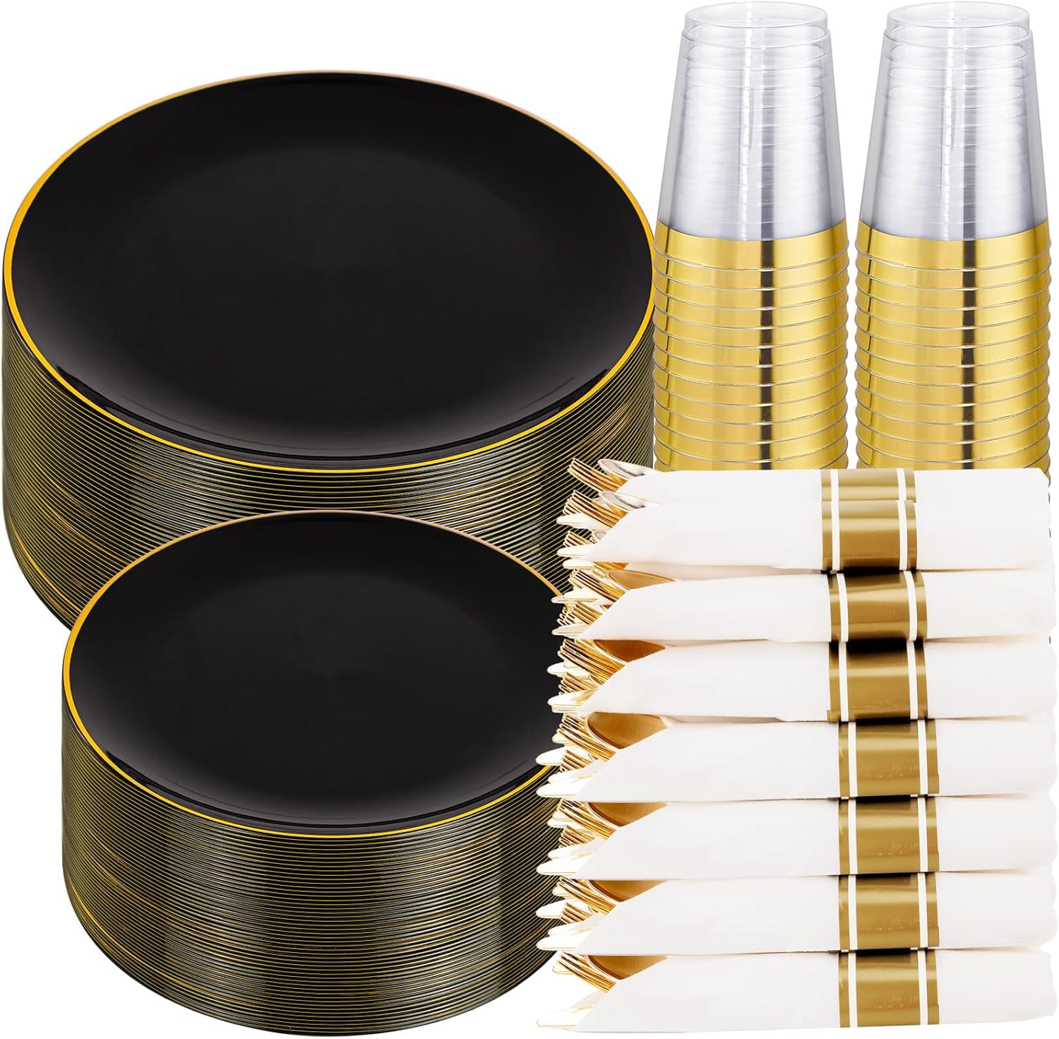 350 PCS Plastic Dinnerware Set for 50 Guests - Black and Gold Plates 50 ...