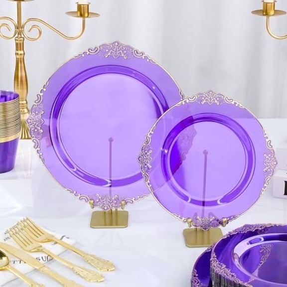 350 PCS Purple and Gold Plastic Plates, Disposable Dinnerware Set for 50 Guests, 100 Disposable Plates, 150 Silverwares, 50 Cups, 50 Napkins for Party, Wedding, Graduation
