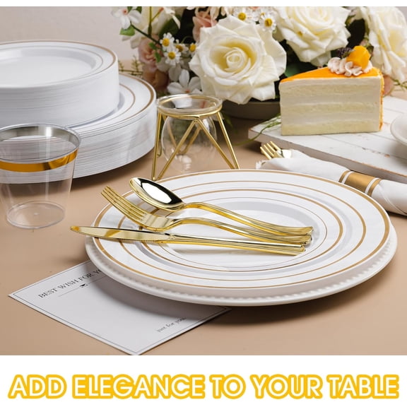 350 PCS White and Gold Plastic Dinnerware Set for 50 Guests, 100 Thanksgiving Disposable Plates for Party, 50 Pre Rolled Napkins with Gold Silverware, 50 Cups