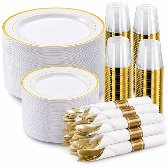 350 PCS White and Gold Plastic Dinnerware Set for Party Use, Food-Safe PP Material, Elegant Gold Accents, Disposable and Eco-Conscious Design