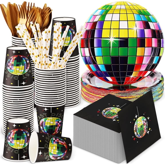 350 Pcs 70s Disco Party Supplies Includes 50 Pcs Disco Ball Dinner Plates 50 Pcs Disco Paper Cups 50 Pcs Disco Napkins 50 Set of Knives, Forks, Spoons and Straws for Disco Wedding Party Picnic Travel