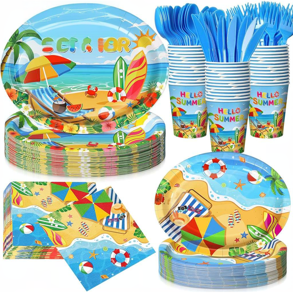 350 Pcs Beach Party Decorations Set 12 in Disposable Oval Plates Napkins Summer Pool Beach Heavy Duty Paper Tableware for 50 Guests Hello Summer Style