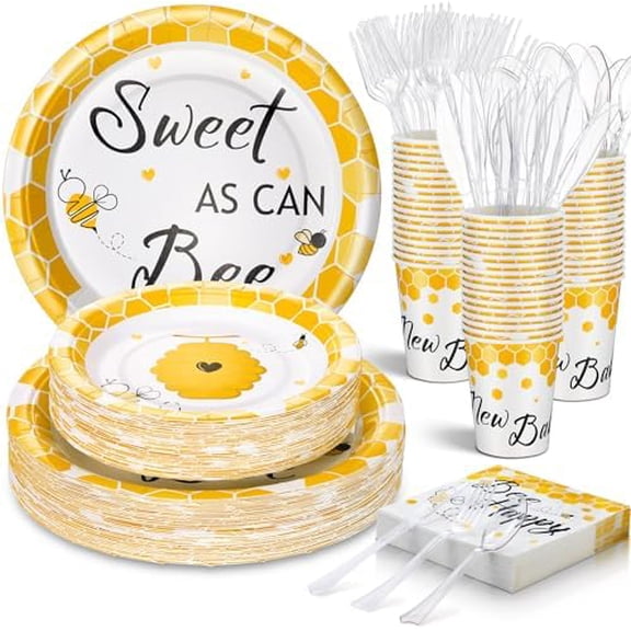 350 Pcs Bee Party Tableware for 50 Guests Baby Shower Bee Paper Plates Disposable Napkins Cups Plastic Knives Fork Spoon for Birthday Wedding