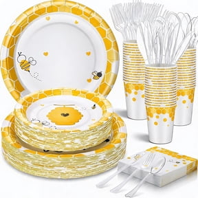 350 Pcs Bee Theme Disposable Tableware Set for 50 Guests Including Plates Napkins Cups and Plastic Cutlery