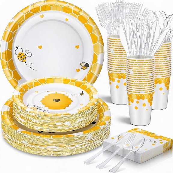 350 Pcs Bee Theme Disposable Tableware Set for 50 Guests Including Plates Napkins Cups and Plastic Cutlery