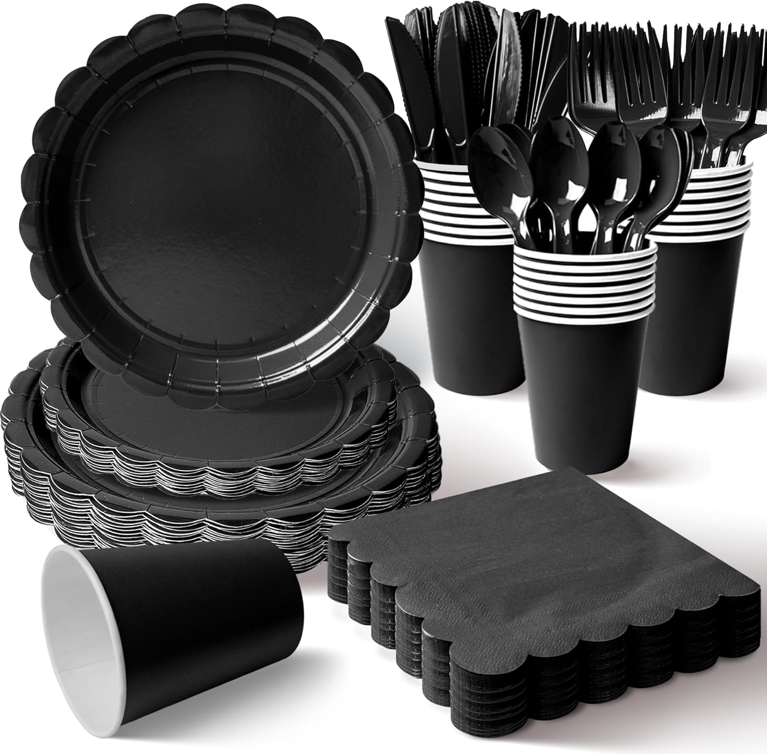 350 Pcs Black Disposable Paper Plates and Napkins Set for 50, 9" Dinner Plates & 7" Dessert Plates, Tableware for Birthday, Graduation, Wedding, Party