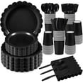 thumbnail image 1 of 350 Pcs Black Paper Plates and Napkins, 25 Guest Black Birthday Party Supplies Includes Scalloped Party Plates Napkins Cups Plastic Spoons Forks Knives for Birthday, Wedding, Halloween, 1 of 14
