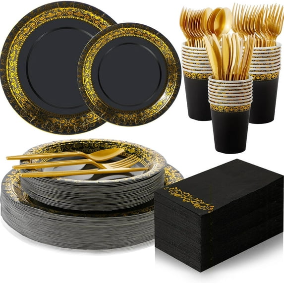350 Pcs Black Plastic Dinnerware Set Disposable Paper Plates for 50 Guests 9in and 7in Dinner Dessert Plates Napkins Gold Rimmed Cups Knives Forks Spoons for Party Wedding(Round Floral)