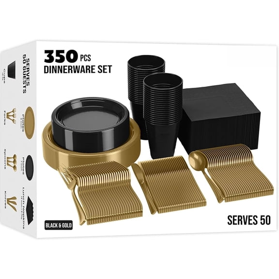 350 Pcs Black Plastic Plates For Party, Black Disposable Plates Set, 50 Of Each 9" Dinner Plate Set, 7" Dessert Plate, Cups, Napkins & Cutlery Plastic Dinnerware Exquisite