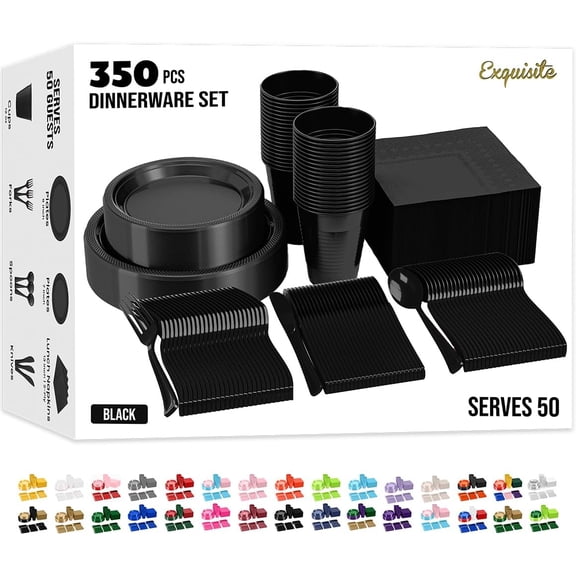 350 Pcs Black Plastic Plates For Party, Black Disposable Plates Set, 50 Of Each 9" Dinner Plate Set, 7" Dessert Plate, Cups, Napkins & Cutlery Plastic Dinnerware Set