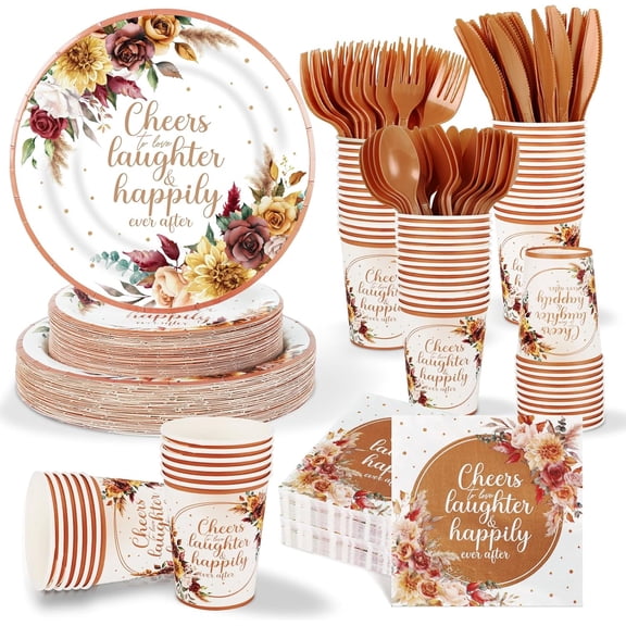 350 Pcs Boho Fall Wedding Bridal Shower Paper Plate Autumn Vintage Rose Pampas Grass Disposable Tableware Set With Knives Fork Cheers to Love Bachelorette Party Favor for 50 Guest