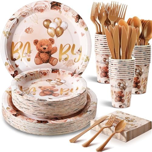 350 Pcs Brown Bear Baby Shower Paper Plates Napkins Cups Knives Forks Spoons for 50 Guests Disposable Bear Party Tableware for Birthday Baby Shower