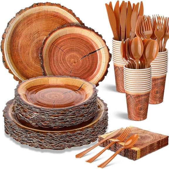 350 Pcs Camping Wood Grain Slice Tableware for 50 Guests Rustic Camo Hunter Plates Disposable Napkins Cups Plates Cutlery Hunting Plastic Knives Fork Spoon for Camping Party