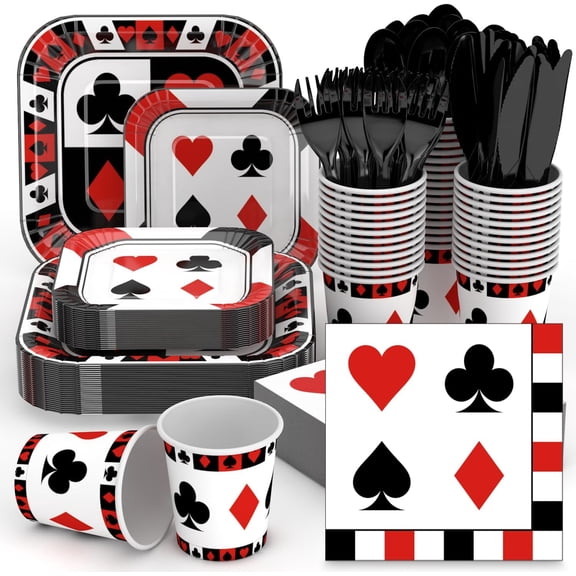 350 Pcs Casino Paper Plates and Napkins Set 9 Inch 7 Inch Disposable Dinnerware Las Vegas Poker Party Supplies Tableware Serve 50 Guest Cups Knife Forks Spoon
