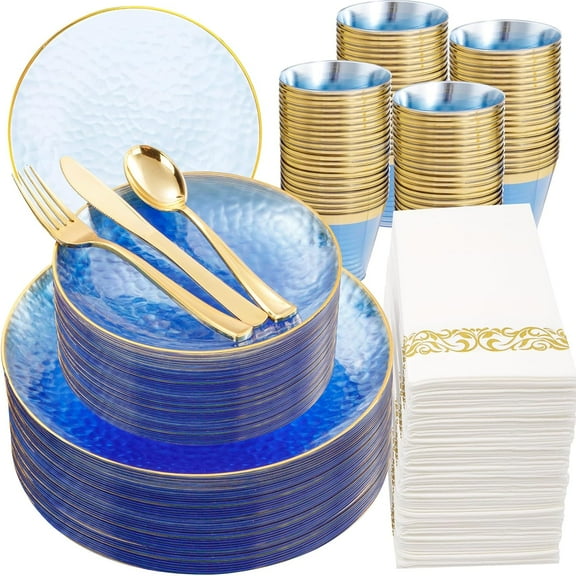 350 Pcs Clear Blue Plastic Plates, Blue Gold Plastic Dinnerware Set (50 Guests), Blue Disposable Plates With Gold Rim, Hammered Party Plates Set for Christmas Wedding And Party