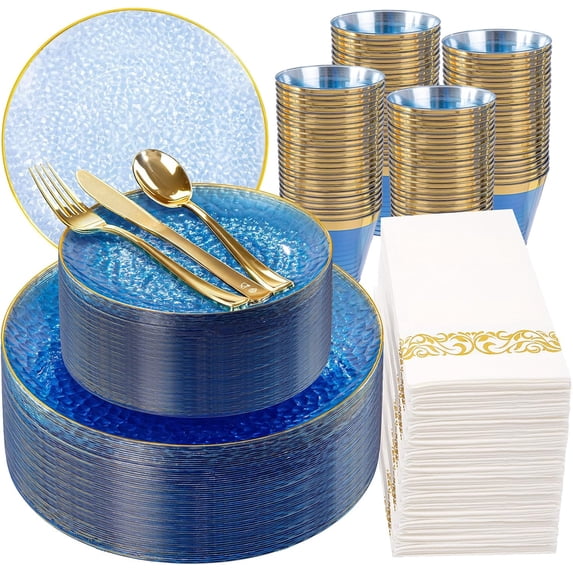 350 Pcs Clear Blue Plastic Plates, Blue Gold Plastic Dinnerware Set (50 ...
