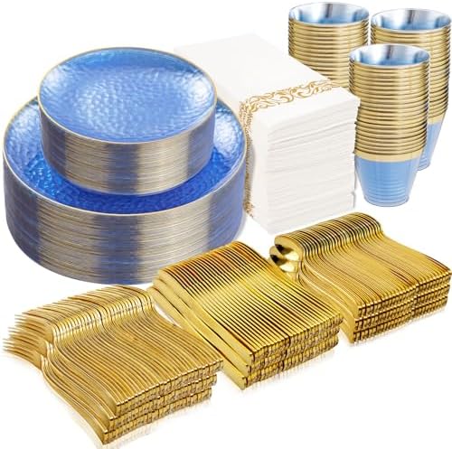 350 Pcs Clear Blue Plastic Plates, Blue Gold Plastic Dinnerware Set (50 ...