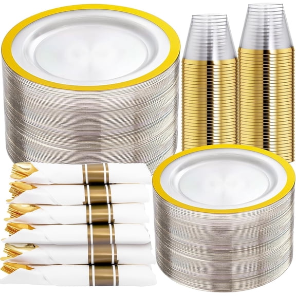 350 Pcs Clear Gold Plastic Plates, Disposable Dinnerware, Clear-Gold Plates Set Include 50 Dinner Platos 50 Dessert Platos, 50 Cups, 50 Pre Rolled Napkins with Cutlery Set for Party