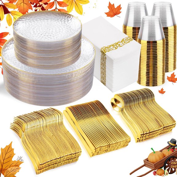 350 Pcs Clear Gold Plastic Plates, Hammered Disposable Dinnerware, Clear-Gold Plates Set Include 100 Plastic Platos, 150 Gold Disposable Silverware, 50 Cups And 50 Napkins for Thanksgiving