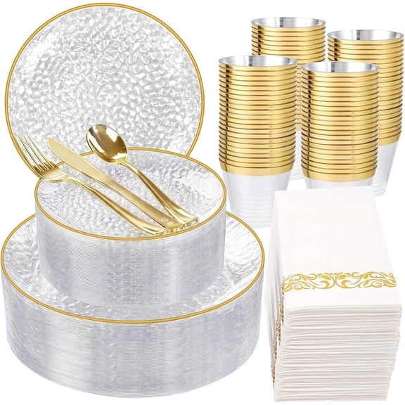 350 Pcs Clear Gold Plastic Plates, Hammered Disposable Dinnerware Set with Gold Silverware, Cups, and Napkins for Party, Catering, and Events