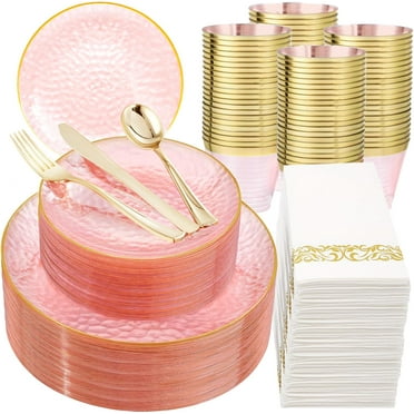 350 Pcs Clear Pink Plastic Plates, Pink Gold Plastic Dinnerware Set (50 Guests), Disposable Plates With Gold Rim, Hammered Party Plates Set for Wedding And Party