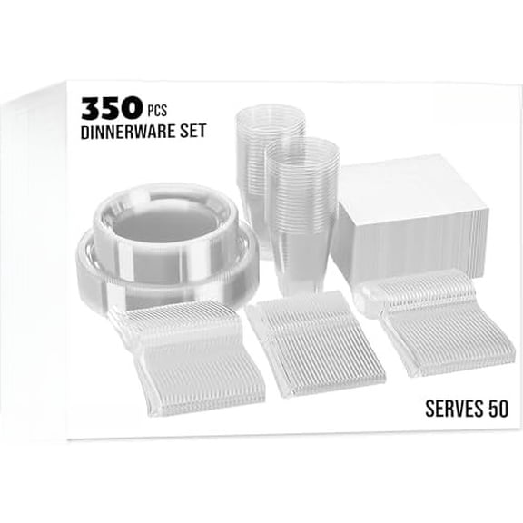 350 Pcs Clear Plastic Plates For Party, Clear Disposable Plates Set, 50 Of Each 9" Dinner Plate Set, 7" Dessert Plate, Cups, Napkins & Cutlery Plastic Dinnerware Set