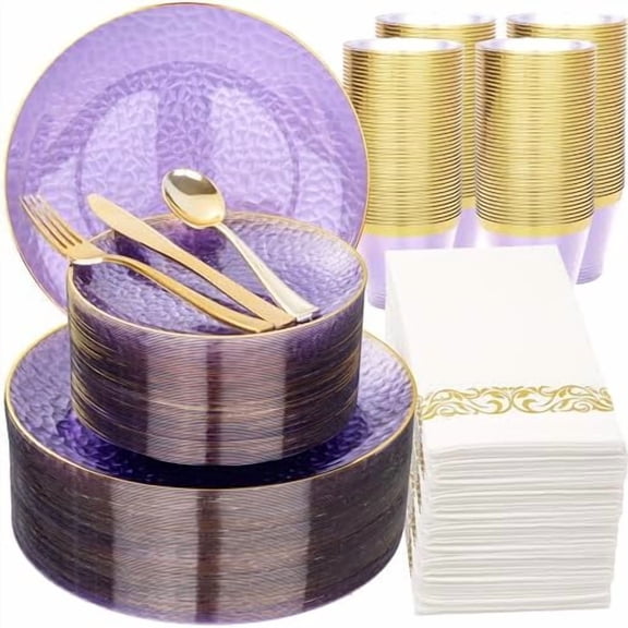 350 Pcs Clear Purple Plastic Plates, Gold Plastic Dinnerware Set (50 Guests), Purple Disposable Plates With Gold Rim, Hammered Party Plates Set for Wedding And Party