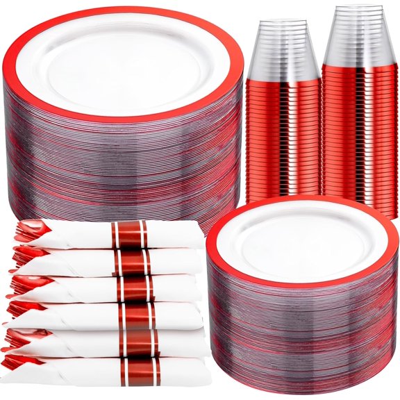 350 Pcs Clear and Red Plastic Plates, Disposable Dinnerware Set, Include 50 Dinner Plates 10.25'', 50 Dessert Plates 7.5'', 50 Red Rim Cups 9 OZ, 50 Per Rolled Napkins with Plastic Cutlery