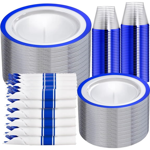 350 Pcs Dark Blue Plastic Plates,Clear Disposable Plates for 50 Guests,Blue Dinnerware Include 50 Dinner Plate 50 Dessert Plate,50 Cups,50 Pre Rolled Napkins with Cutlery Set for Party,Wedding
