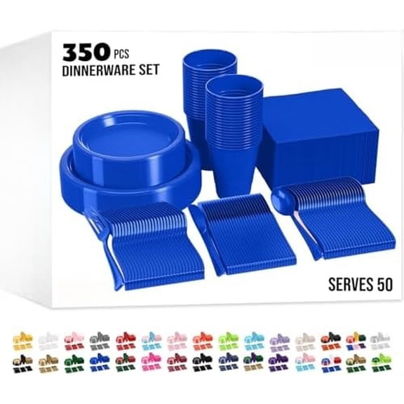 350 Pcs Dark Blue Plastic Plates For Party, Dark Blue Disposable Plates Set, 50 Of Each 9" Dinner Plate Set, 7" Dessert Plate, Cups, Napkins & Cutlery Plastic Dinnerware Set