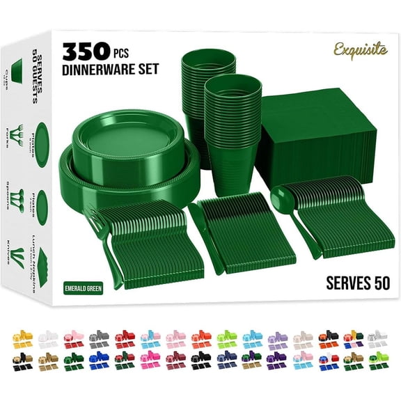 350 Pcs Emerald Green Plastic Plates For Party, Emerald Green Disposable Plates Set, 50 Of Each 9" Dinner Plate Set, 7" Dessert Plate, Cups, Napkins & Cutlery Plastic Dinnerware Set