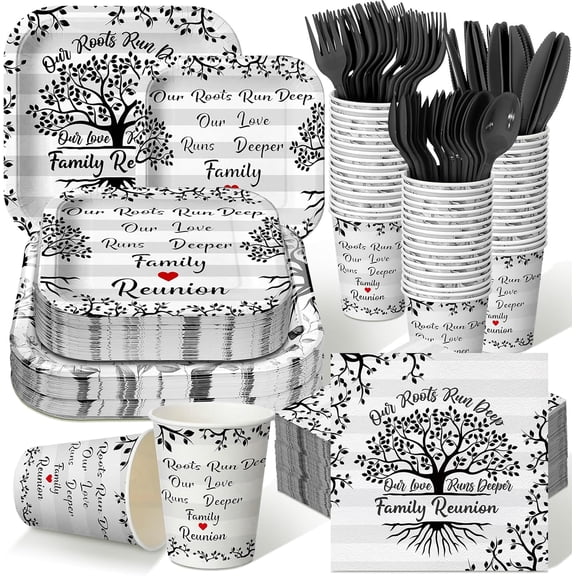 350 Pcs Family Reunion Paper Plates Napkins Cups Flatware Set 9 Inch 7 Inch Disposable Tableware for 50 Guests Black White