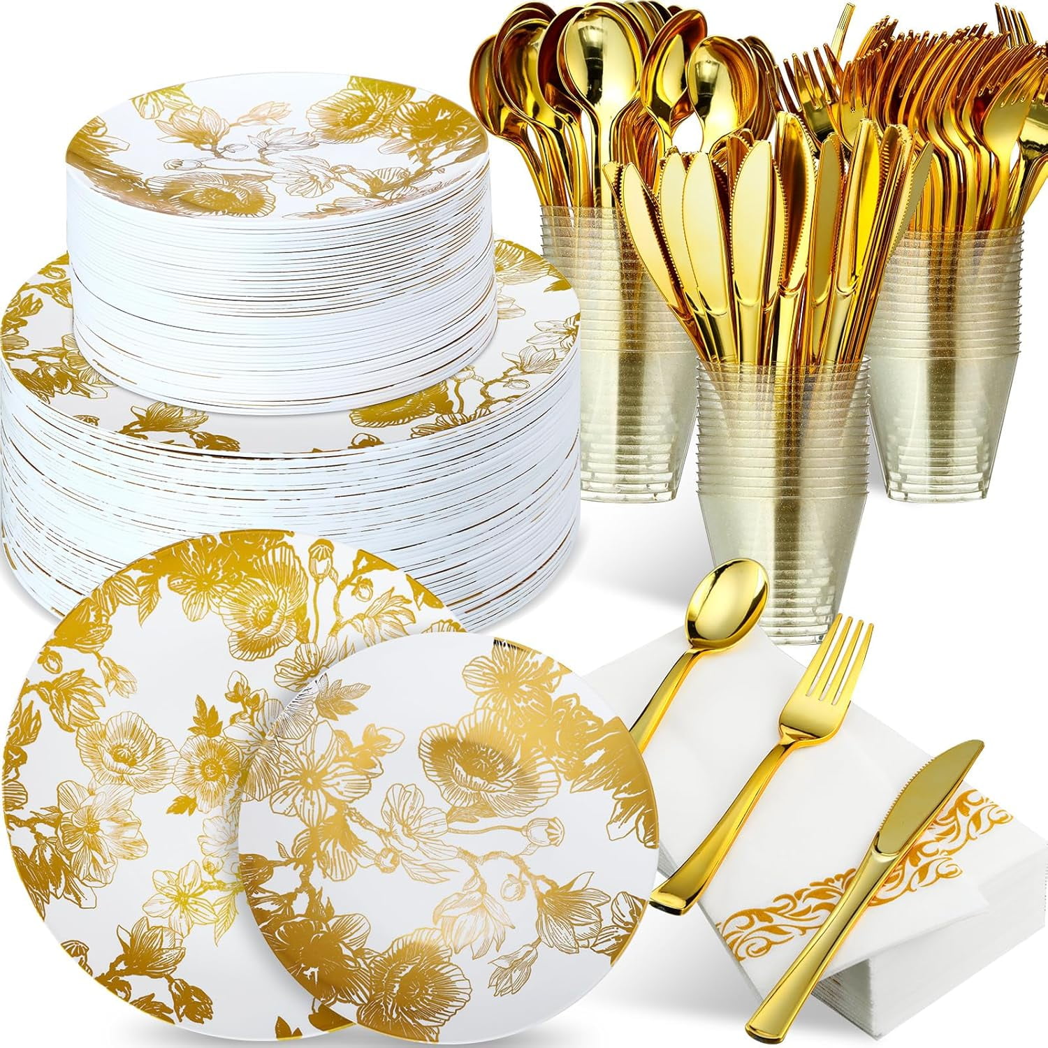 Tioncy 350 Pcs Gold Floral Plastic Dinnerware for 50 Guests Disposable ...