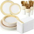thumbnail image 1 of 350 Pcs Gold Plastic Dinnerware Set Disposable Paper Plates for 50 Guests 9in and 7in Dinner Dessert Plates Napkins Gold Rimmed Cups Knives Forks Spoons for Party Wedding(Round Floral), 1 of 14