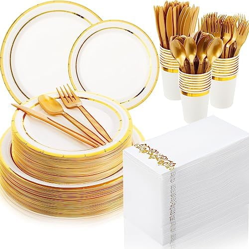 350 Pcs Gold Plastic Dinnerware Set Disposable Paper Plates for 50 Guests 9in and 7in Dinner Dessert Plates Napkins Gold Rimmed Cups Knives Forks Spoons for Party Wedding (Round)
