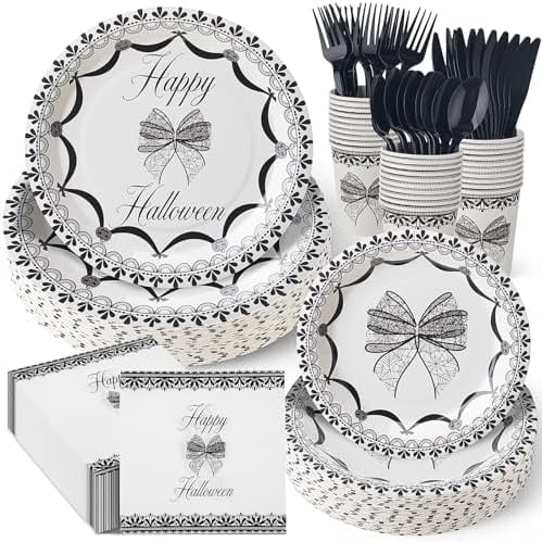 350 Pcs Halloween Black Lace Bow Party Decoration Vintage Elegant Pumpkin Bat Tableware for 50 Guests 100 Happy Halloween Paper Plates 50 Spider Web Napkins 50 Cups 50 Sets Knives Fork Spoon
