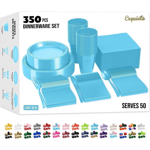Light Blue Disposable Party Plates Set – 9 Inch Dinner Plates, 7 Inch Dessert Plates, 12 Ounce Cups, Napkins and Cutlery – 350 Piece