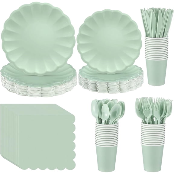 350 Pcs Light Green Scalloped Paper Plates Shell Edge Disposable Tableware Cocktail Napkins Cups Plastic Spoons Forks Knives for Wedding Baby Shower Picnic Birthday Party Supply for 50 Guests