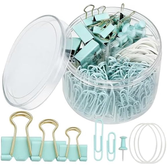 350 Pcs Paper Clips Binder Clip Assorted Sizes, Macaron Green Paper Clamps Office Clips Set Paperclips Rubber Bands Push Pins for Office and School Supplies