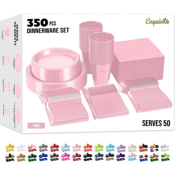 350 Pcs Pink Plastic Plates For Party, Pink Disposable Plates Set, 50 Of Each 9" Dinner Plate Set, 7" Dessert Plate, Cups, Napkins & Cutlery Plastic Dinnerware Set