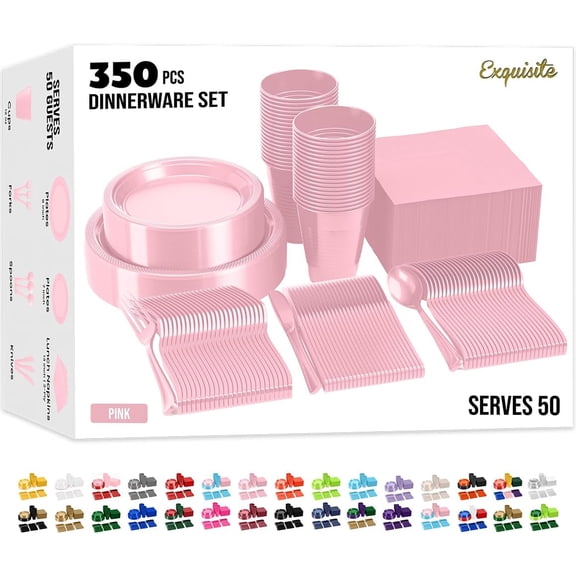 350 Pcs Pink Plastic Plates For Party, Pink Disposable Plates Set, 50 Of Each 9" Dinner Plate Set, 7" Dessert Plate, Cups, Napkins & Cutlery Plastic Dinnerware Set