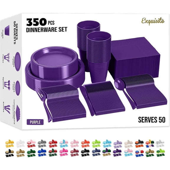 350 Pcs Purple Plastic Plates For Party, Purple Disposable Plates Set, 50 Of Each 9" Dinner Plate Set, 7" Dessert Plate, Cups, Napkins & Cutlery Plastic Dinnerware Set