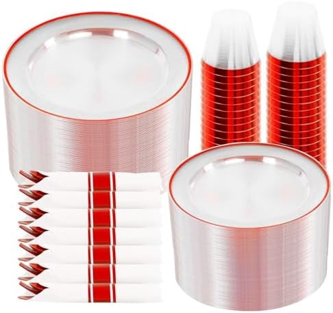 Red Plasticware 350 Pcs Red and Clear Plastic Dinnerware Set for 50 Guests, Include: 50 ...