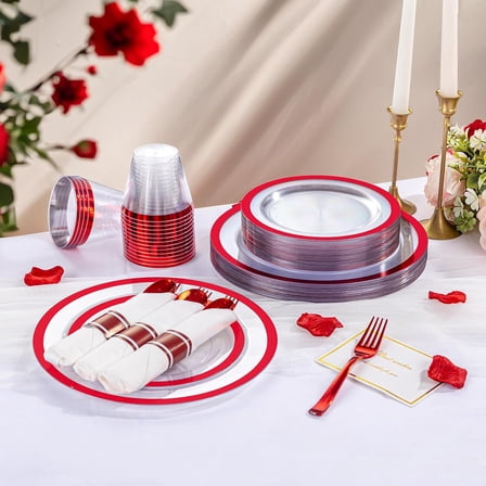 350 Pcs Red Plastic Plates, Clear Disposable Plate Set