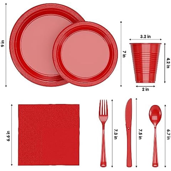 350 Pcs Red Plastic Plates For Party, Red Disposable Plates Set, 50 Of Each 9" Dinner Plate Set, 7" Dessert Plate, Cups, Napkins & Cutlery Plastic Dinnerware Set