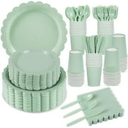 350 Pcs Sage Green Paper Plates and Napkins, Sage Green Party Supplies Include Green Scalloped Plate Paper Napkin Cup Plastic Cutlery for Baby Shower, Wedding, Birthday