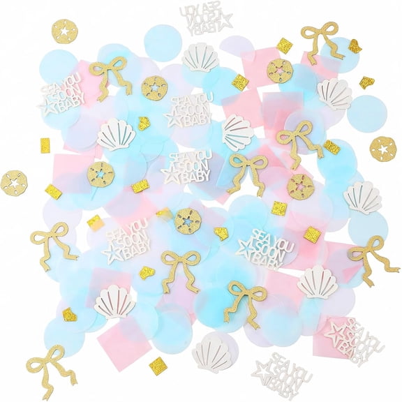 350 Pcs Sea You Soon Baby Shower Confetti, Ocean Beach Theme Blue Gold Table Ster, Mixed Seashell Bow Star Cardstock Confetti for Shower, Gender Reveal, Birthday Party Decorations