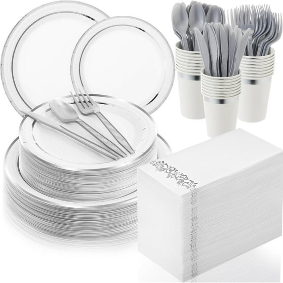 350 Pcs Silver Plastic Dinnerware Set Disposable Paper Plates for 50 Guests 9in and 7in Dinner Dessert Plates Napkins Gold Rimmed Cups Knives Forks Spoons for Party Wedding(Round)