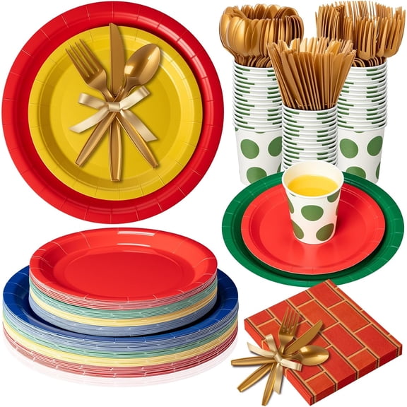 350 Pcs Super Themed Party Decorations Gold Theme Birthday Party Supplies Tableware Set Disposable Plates Napkins Paper Cups Cutlery Set for Baby Shower Game Room Home Supplies Serves 50