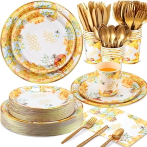 350 Pcs Tea Party Supplies Spring Summer Sage Green Sunflower Party Tableware Set Disposable Plates Napkins Paper Cups Plastic Cutlery Set For Birthday Bridal Baby Shower Serves 50(Bee)